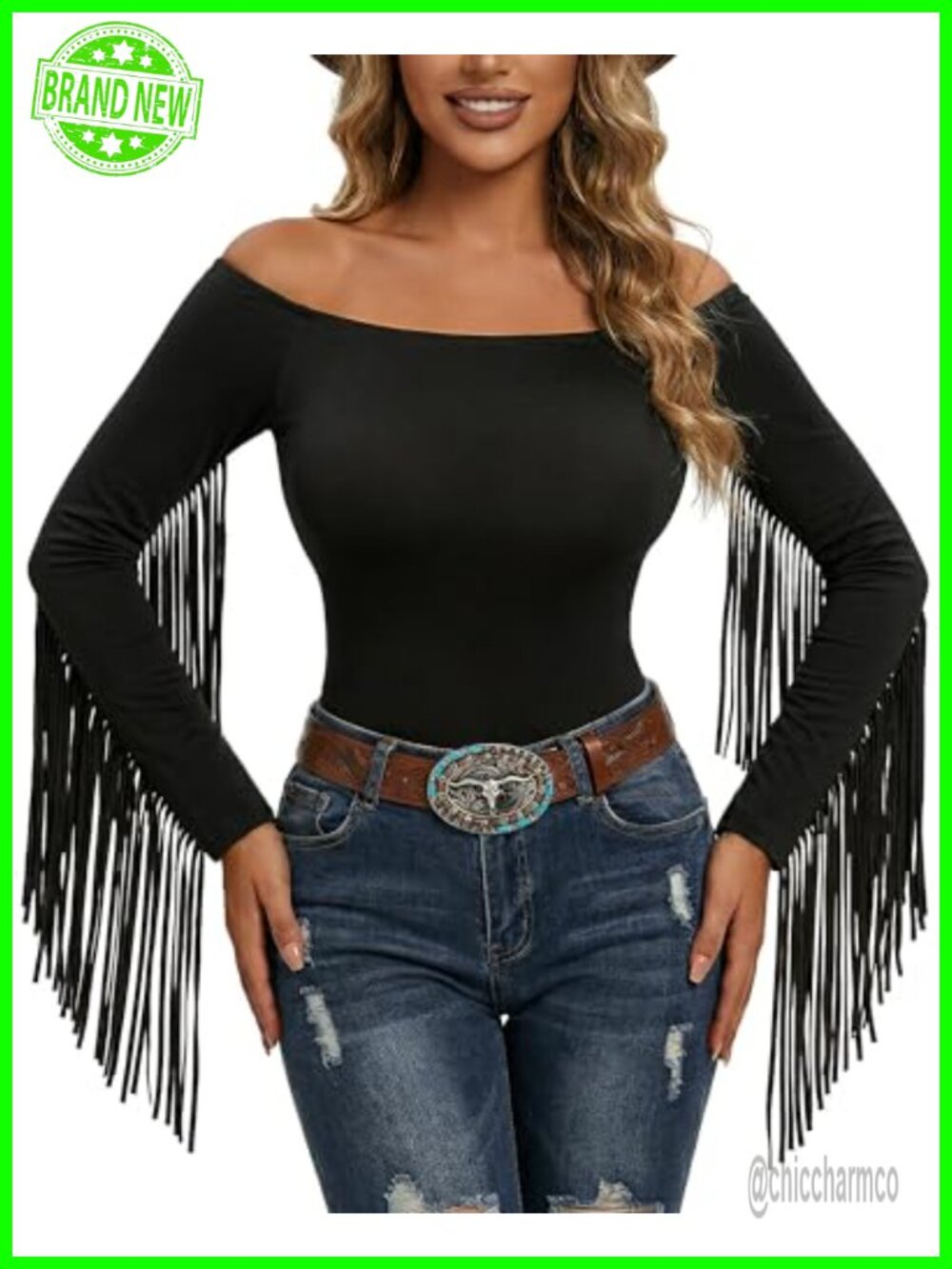Fringe Sleeve Western Cowgirl Top Off Shoulder Blouse